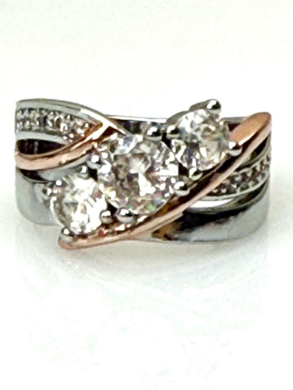 Silver & Rose Gold Two-Tone Cubic Zirconia Three-Stone Ring - Picture 4 of 8